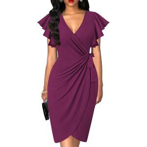 NEW Deep V Neck Sleeve Faux Wrap Formal Slit Pencil Dress 2X